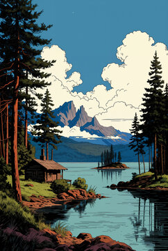 Generated comic-style north american waterfront landscape illustration.