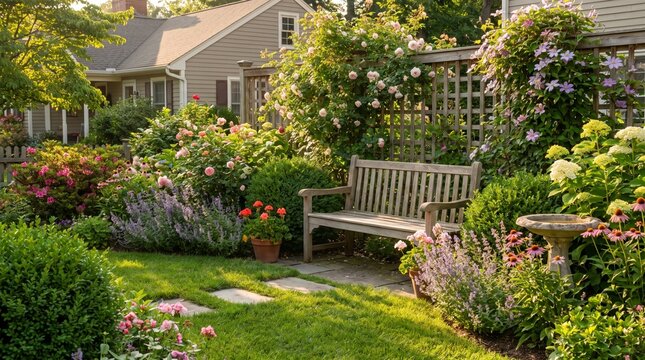 Backyard Garden Landscape with Wooden Bench and Blooming Flowers