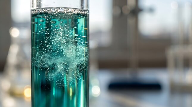 A test tube filled with glowing green liquid and bubbling reaction