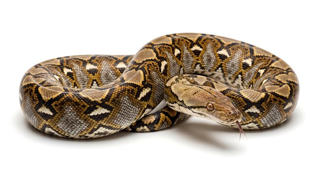 A large reticulated python snake curled up on a plain white background.