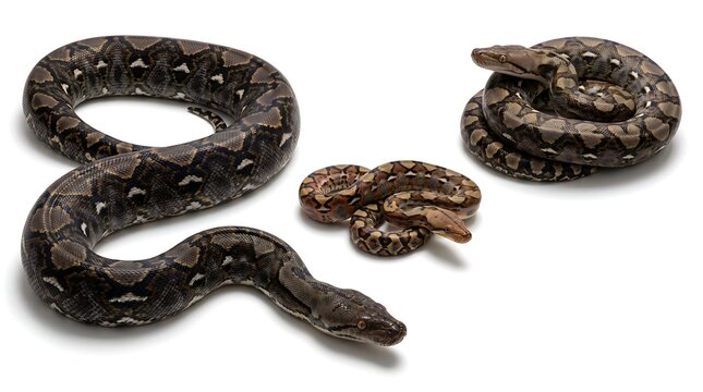 Three different boa constrictor snakes on a white background.