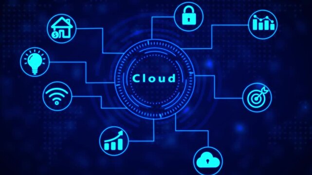 Bright blue digital interface with the word Cloud in the center, connected by lines to surrounding nodes on a dark blue abstract background with digital particles, symbolizing cloud computing and