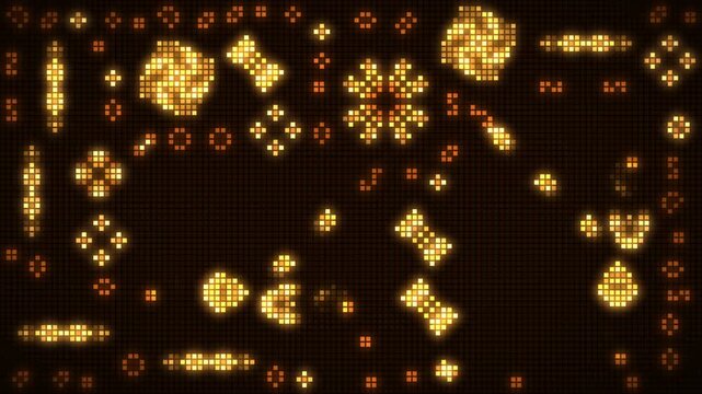 Cellular automaton pixel grid with Game of Life gliders and blinking oscillators, seamless loop in calm amber tones