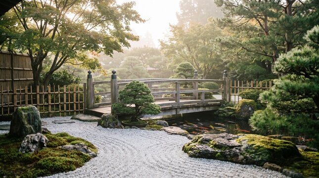 Traditional Japanese Zen Garden with Wooden Bridge and Lush Greenery