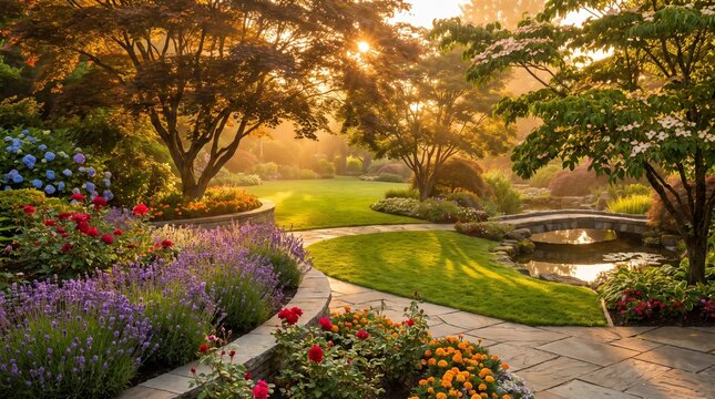Scenic Landscaped Garden during Sunset with Bridge and Pond