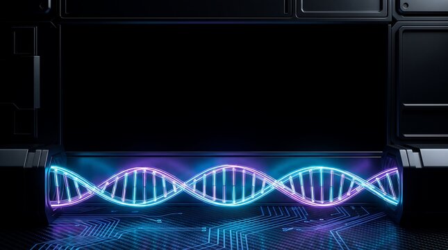 Glowing Neon DNA Strand in Futuristic Sci-Fi Frame
