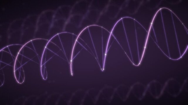 Rotating DNA Double Helix with Glowing Strands and Base Pairs seamless loop in calm violet tones