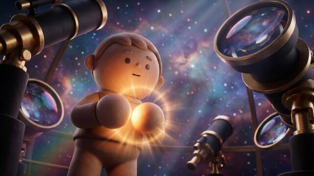 宇宙天文台空間で深く悩む姿勢から閃きを得て手を合わせるクレイマスコットの3D映像