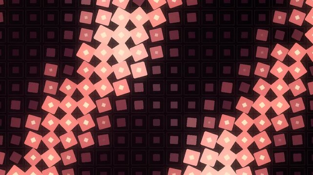 Square grid tiles rotating and scaling in staggered eased waves motion graphics background seamless loop in vibrant plum tones