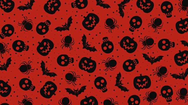 Halloween Silhouette Pattern. A 4K seamless looping animation featuring black flat silhouettes of jack-o'-lanterns, bats, skulls, and spiders drifting over a red dotted backdrop.
