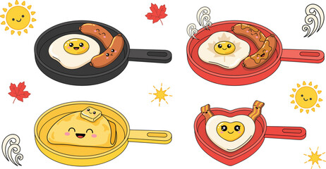 Cute Kawaii Breakfast Vector Set with Fried Eggs Pancakes Sausages and Bacon in Frying Pans for Kids Menu Stickers and Kitchen Designs