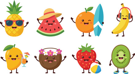 Fototapeta premium Cute tropical fruit character vector illustration set featuring summer accessories and beach fun in colorful cartoon style