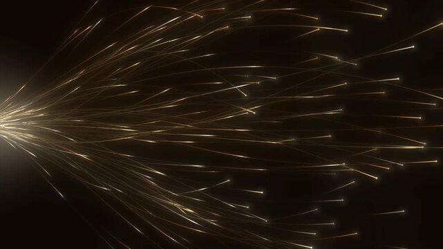 Fiber optic cable bundle splaying with glowing light pulses and lit fiber tips, telecom network background, seamless loop in subtle amber tones