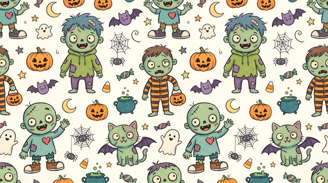 Cute hand drawn seamless Halloween pattern featuring funny zombies, pumpkins, spiders, bats, ghosts and spooky doodles on a white background. Perfect for fabric, wrapping paper and kids products.