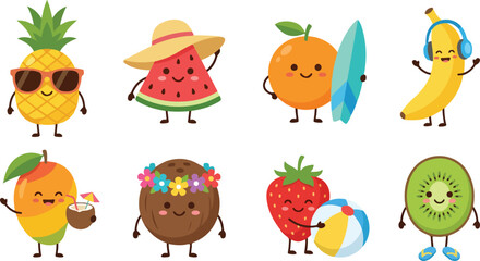 Fototapeta premium Cute tropical fruit character vector illustration set featuring summer accessories and beach fun in colorful cartoon style