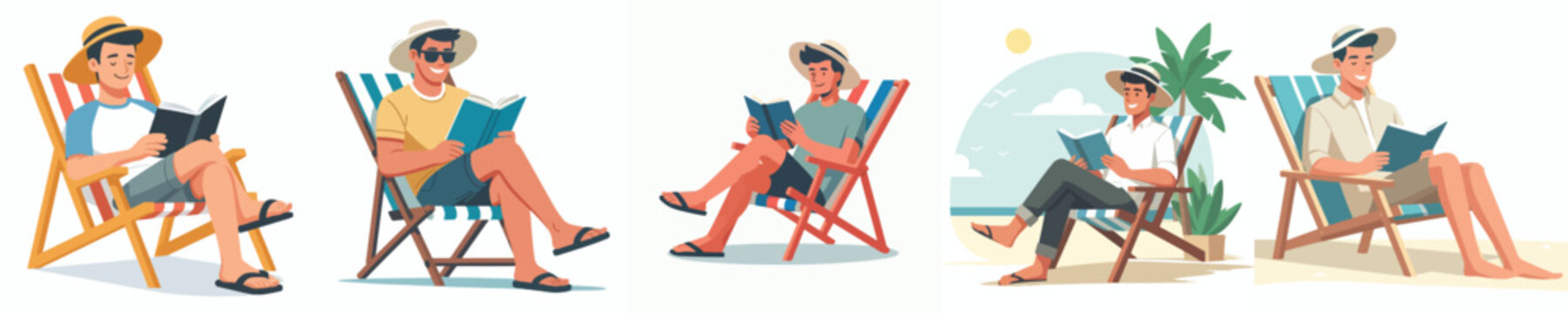 Vector illustration of a man sitting on a beach chair reading a book with summer clothes
