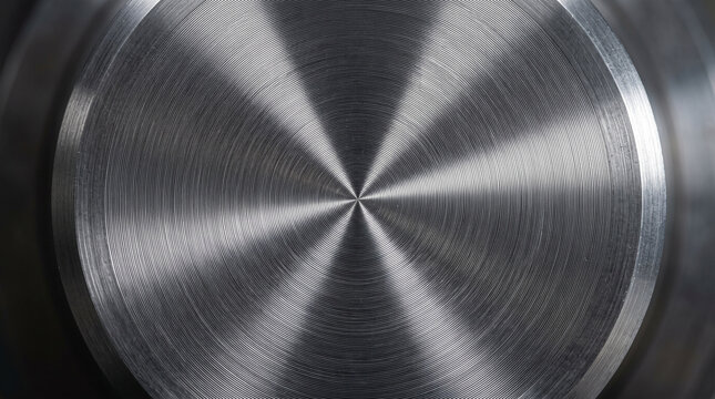 Closeup of a circular brushed metal texture with a radial pattern, creating a metallic background with light reflections