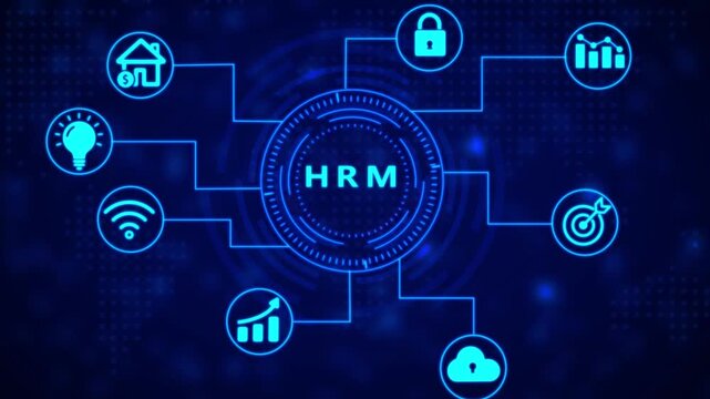 Digital abstract interface with the acronym HRM in bright blue neon text at the center of a circular diagram, connected to peripheral nodes, set against a dark blue digital map background with