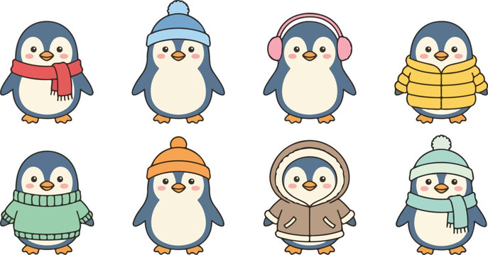 Cute winter penguin vector illustration set featuring scarves, hats, and jackets in cozy cartoon flat style