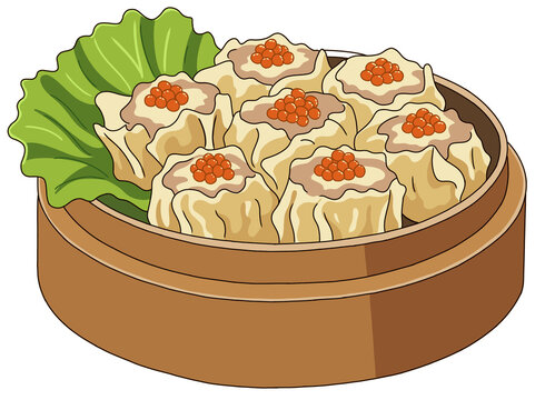 Chinese Dim Sum Shumai pork dumplings topped with orange roe in a bamboo steamer basket, vector illustration isolated on white background