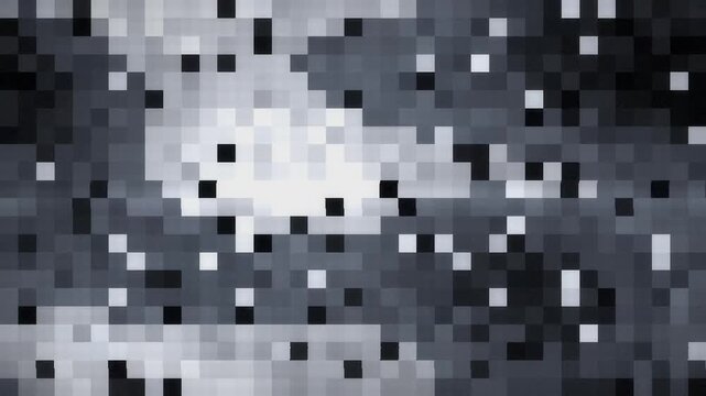 Digital glitch transition with RGB split, blocky displacement and static noise bursts, seamless loop in rich gray tones