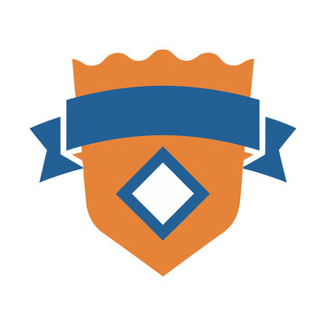 Orange and blue shield with ribbon and diamond shape