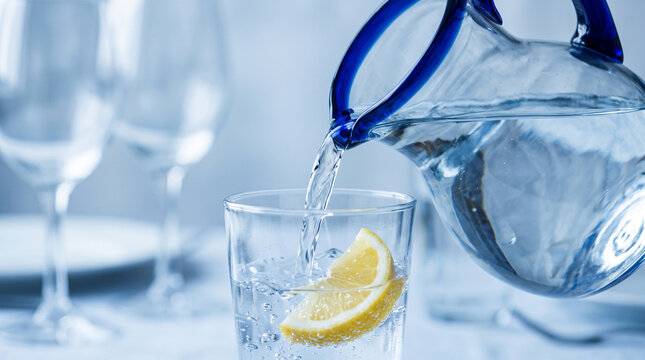 Water being poured from a glass pitcher into a glass with a lemon slice