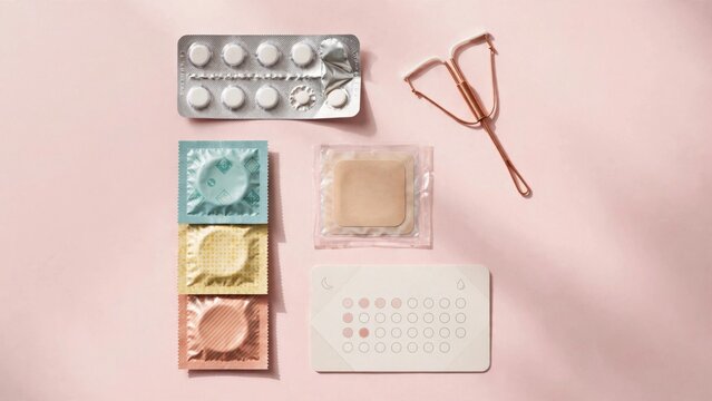 Various Contraceptive Methods Arranged on a Pink Background.