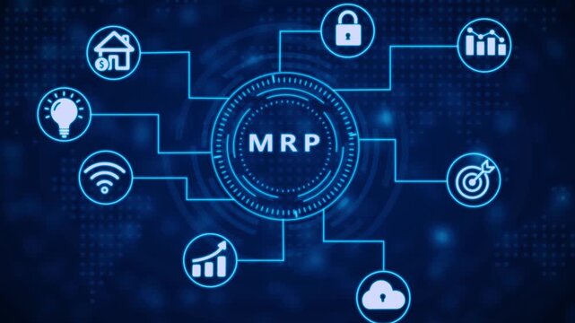 Blue neon glowing digital interface displaying MRP text in the center, connected to a network of circular nodes against a dark blue abstract digital map background with subtle light particles