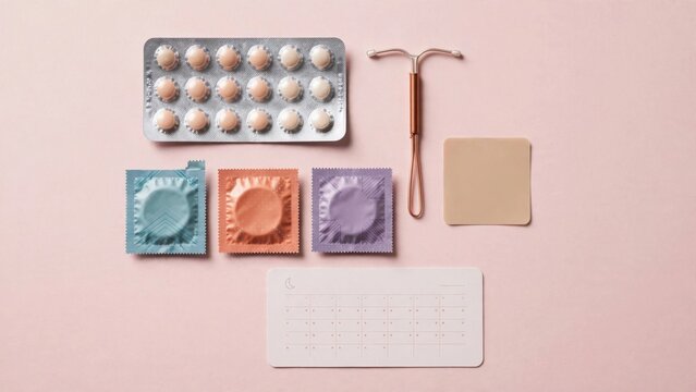 Collection of Contraceptive Methods Including Birth Control Pills Condoms and IUD.