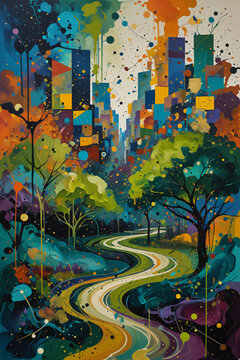 Generated abstract illustration with city-theme concepts of infrastructure, nature park, mass transportation, traffic network.