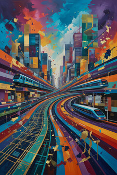 Generated abstract illustration with city-theme concepts of infrastructure, nature park, mass transportation, traffic network.