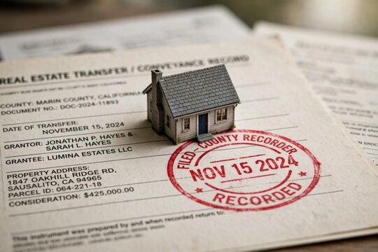 Miniature House on Real Estate Transfer Document with Recorded Stamp.
