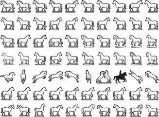 Fototapeta premium A collection of horse illustrations depicting various poses, gaits, and actions, from standing still to galloping and jumping.