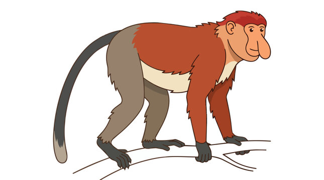 Wild proboscis monkey from Borneo with a long nose perched on a tree branch isolated on white background graphic