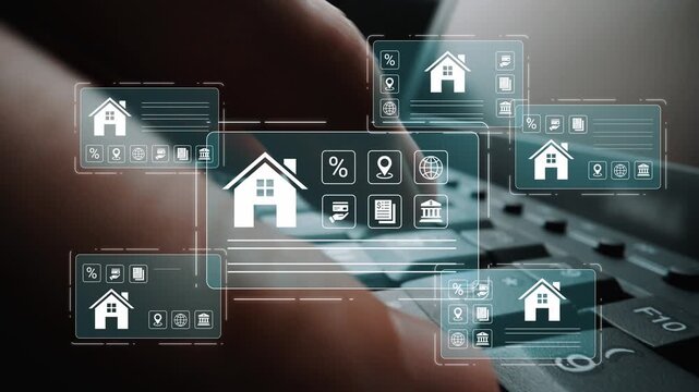 Digital Real Estate Management with Home Icons and Keyboard Input Symbolizing Modern Property Investment and Online Market Trends Gluon.