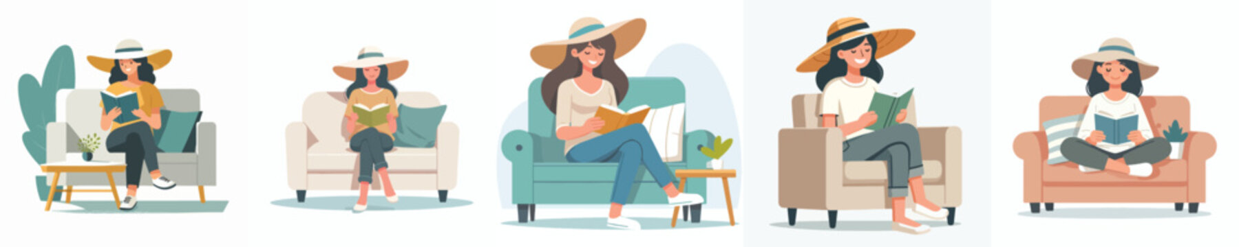 Vector illustration of a woman sitting on a sofa reading a book with summer clothes