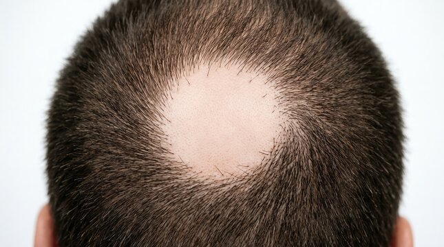 Top view close up of male head showing alopecia areata bald patch on scalp