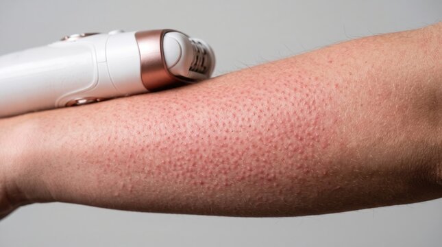 Epilator removing body hair on arm causing skin irritation and red bumps