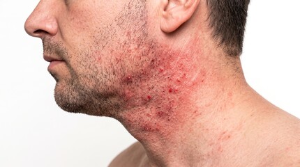 Fototapeta premium Male face profile showing severe razor burn red bumps and folliculitis on neck