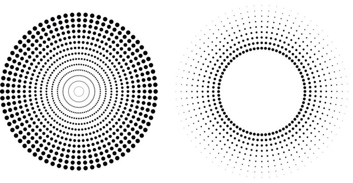 Set of abstract geometric halftone circles with radial dots arranged in circular patterns isolated on transparent grid background for graphic designs.