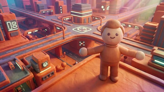 交通コントロールセンターでプレッシャーから解放されてリラックスするクレイマスコットの3D映像