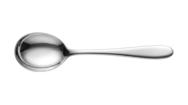 Polished stainless steel soup spoon, elegant silver metal cutlery for dining, classic round bowl tablespoon for kitchen and restaurant service isolated PNG with Transparent Background