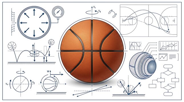 Detailed basketball engineering blueprint showing physics of forces, spin, bounce, and trajectories for sports science education.