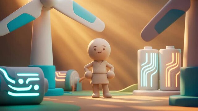 次世代エネルギー施設で落ち込んだ状態から自信を取り戻すクレイマスコットの3D映像