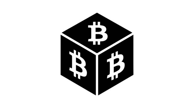 Vector illustration of bitcoin logo icon on a 3d cube shape on a transparent background