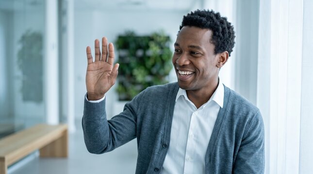 Generative AI, Black man waving hello during a video call in a bright office