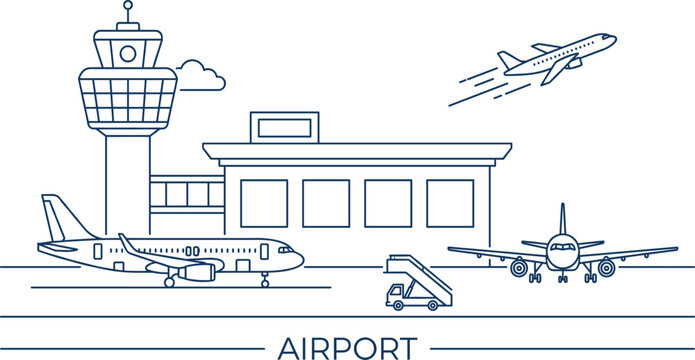 Airport line art vector illustration featuring a control tower, terminal, airplanes, and boarding stairs with the word AIRPORT on a white background