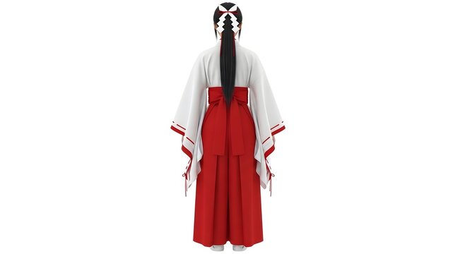 woman in traditional japanese shrine maiden red and white outfit with long black hair back view isolated on white