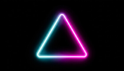 Pink and cyan neon triangle shape glowing brightly on black background abstract. © MD